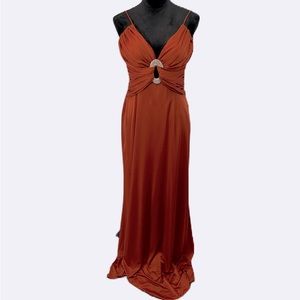 Betsy & Adam Rust Red Backless Evening Gown with Rhinestone Detail